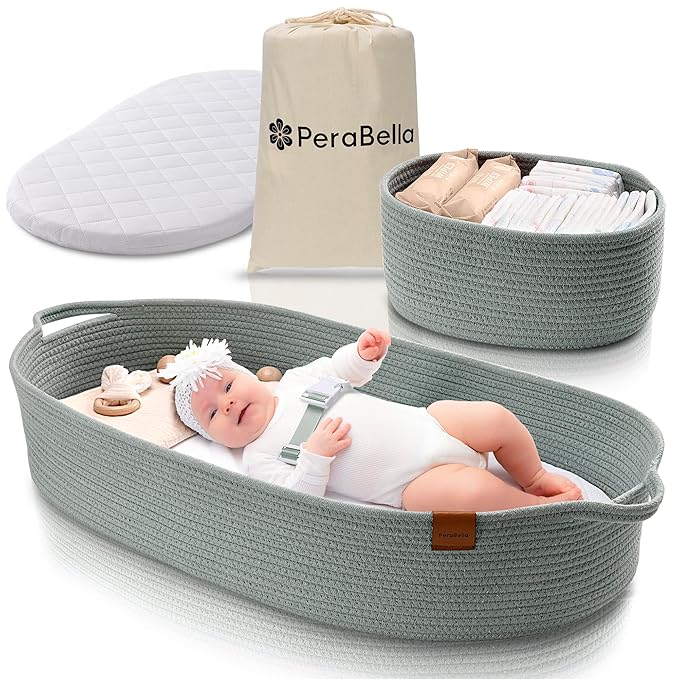 Baby Changing Basket for Baby Dresser, Moses Basket for Babies, Cotton Rope Diaper Changing Basket, Unisex Baby Moses Basket, Foam Diaper Changing Pad for Dresser, Changing Table Topper for Dresser