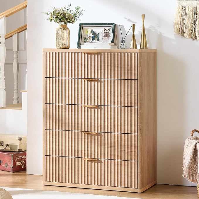 LEYAOYAO Fluted 5 Drawers Dresser for Bedroom, 41" Tall Modern Chest of Drawers with Metal Handle, Curved Profile Farmhouse Closet Organizer Wood Dressers TV Stand for Living Room, Hallway