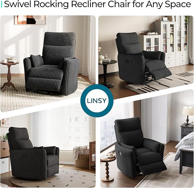 LINSY HOME 360 Swivel Nursery Rocking Chair with 2 Pillows, Corduroy High Back Adult Recliner for Small Spaces, Nursery Glider Rocker Chair, Bedroom Living Room Reclining Chairs (Black)