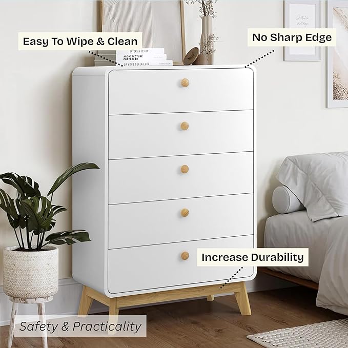 ELISA HOME Aries 5 Drawer Chest for Bedroom, Modern Wide Chest of Drawers, Wood Storage Organizer for Clothes, Entryway, Hallway, Nursery or Living Room, White