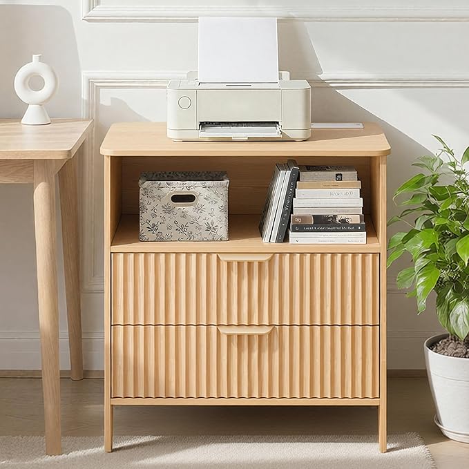 Fluted Nightstand Set 2 with Charging Station, Wood Night Stand with 2 Large Drawers and Storage Shelf, Natural Bed Side Tables Bedroom, Mid Century Modern Nightstand for Bedroom/Living Room