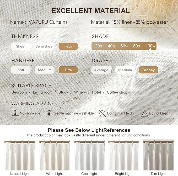 IVAPUPU Natural Pinch Pleated 100% Blackout Curtains Linen Blend Room Darkening Window Curtains 90 inch 1 Panel for Living Room Bedroom Thermal Insulated Curtain Drapes with 12 Pcs Hooks 70''Wx90''L