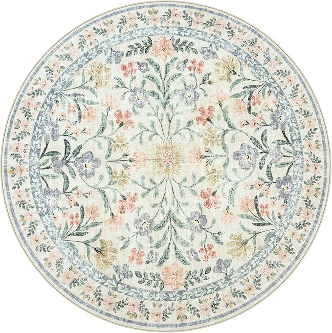Lahome Circle Rug 6ft Beige Floral, Gentle Blossom Print Nursery Round Rug, Machine Washable Kids Carpet for Bedroom, Non-Slip Circular Mat for a Cozy Retreat Nook Decor