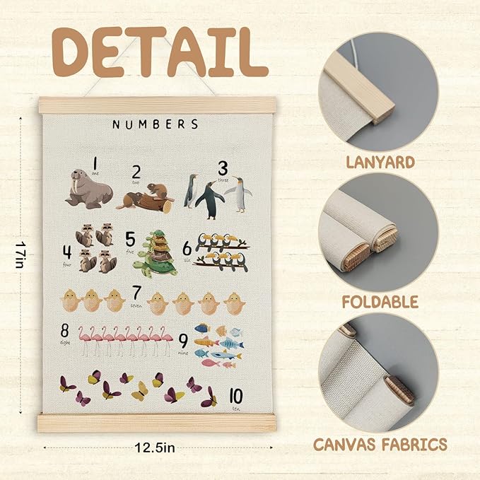 SereneHanctuary Animal Alphabet Numbers Poster Hanger Frame,Educational Abc Number Wall Art for Kids Playroom Nursery Room Classroom Decor,12X16Inches
