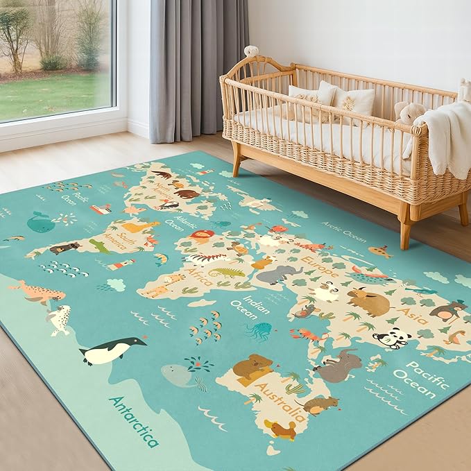 Washable Kids Playroom Rug – 5x7 Play Rug for Preschool Toddlers, Baby Girls, Educational with Cute Animals – Non-Slip, Stain Resistant, Soft & Safe for Bedroom, Play Room and Classroom - Blue