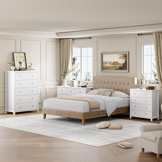 IDEALHOUSE Dresser for Bedroom with 5 Drawers, 45'' Tall Chest of Large Drawers with Large Clothes Storage Cabinet, Wood Bedroom Dresser, TV Stand for Nursery, Living Room, Enterway, White