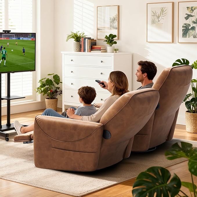 KINGYES Swivel Power Recliner, Glider Rocking Chair for Nursery, 270° Swivel Nursery Rocking Chair, Bluetooth Speaker & USB-C Port, Faux Leather Single Recliner Sofa for Breastfeeding, Brown