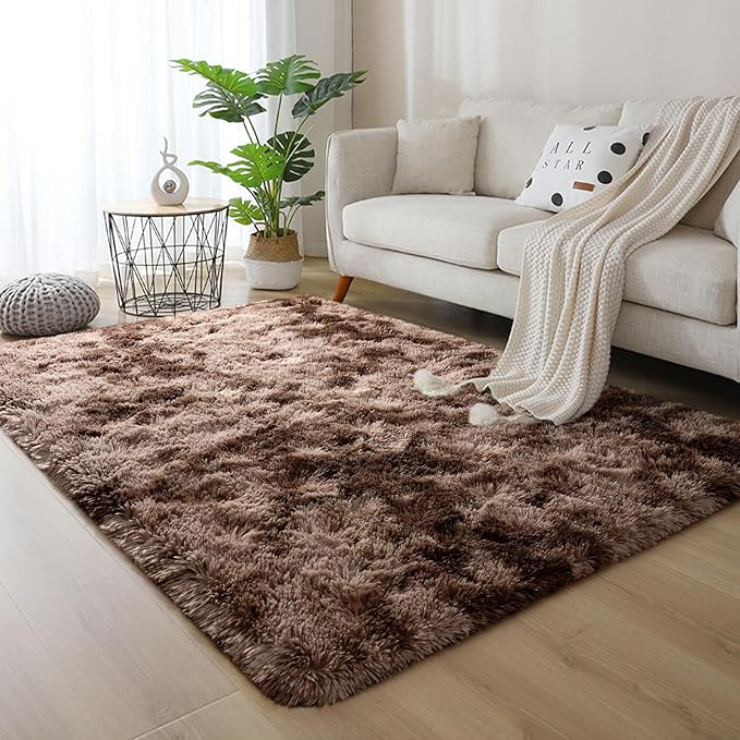 DweIke Fluffy Brown Rugs for Bedroom Living Room, 4x6 Feet Soft Plush Shaggy Tie-Dyed Dark Coffee Girls Boys Kids Rug, Upgraded Non-Slip and Machine Washable Carpet for Dorm Nursery Classroom Decor