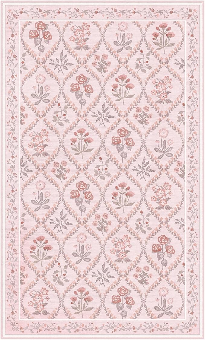 3x5 Nursery Rug, Boho Pink Floral Area Rugs Machine Washable, Soft Ultra-Thin Low-Pile Carpet Non Slip for Girls Room Bedroom Entryway Playroom Living Room, Pink Multi