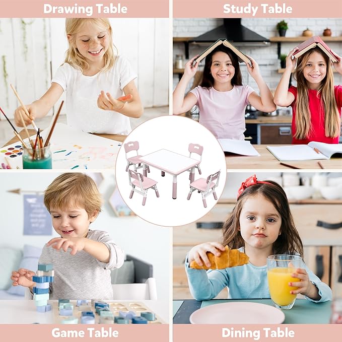Adjustable Kids Table & Chairs Set for Ages 3-8 | 31.5"x23.6" Easy-Clean Activity Table | Meets ASTM/CPSC Standards for Daycare, Homeschool & Playroom (Pink, 4 Chairs)