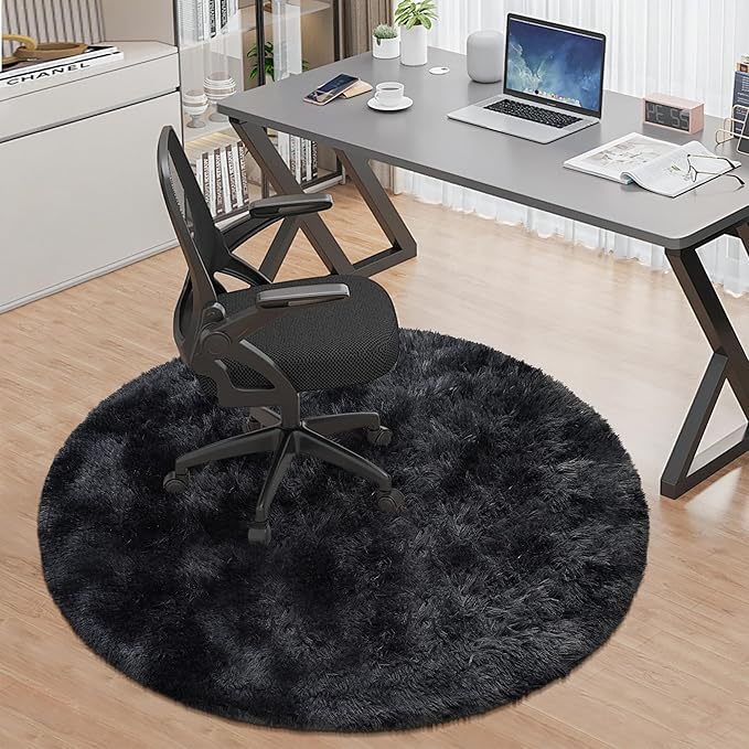 4 ft Round Fluffy Black Rug for Bedroom,Tie Dyed Furry Round Carpet Non Slip Fuzzy Shaggy Plush Circle Area Rug for Living Room Teen's Room Nursery Room Playroom Kids Room Home Decor Washable