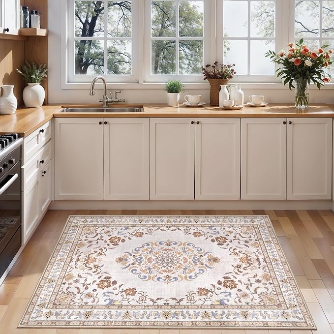 Tangsoo 5x7 Washable Area Rug, Non Slip Boho Neutral Persian Rug for Bedroom Living Room, Vintage Beige Tan Soft Low Pile Floor Indoor Carpet for Bathroom Office Kid & Pets Friendly Home Decor