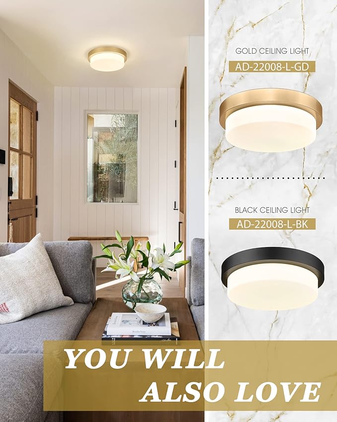 Gold Flush Mount Ceiling Light, 13inch Close to Ceiling Light Fixtures 24W 2200lm Dimmable 2700K/3000K/4000K/5000K/6000K Brass LED Ceiling Lamp for Bedroom Hallway Kitchen, AD-22008-L-GD