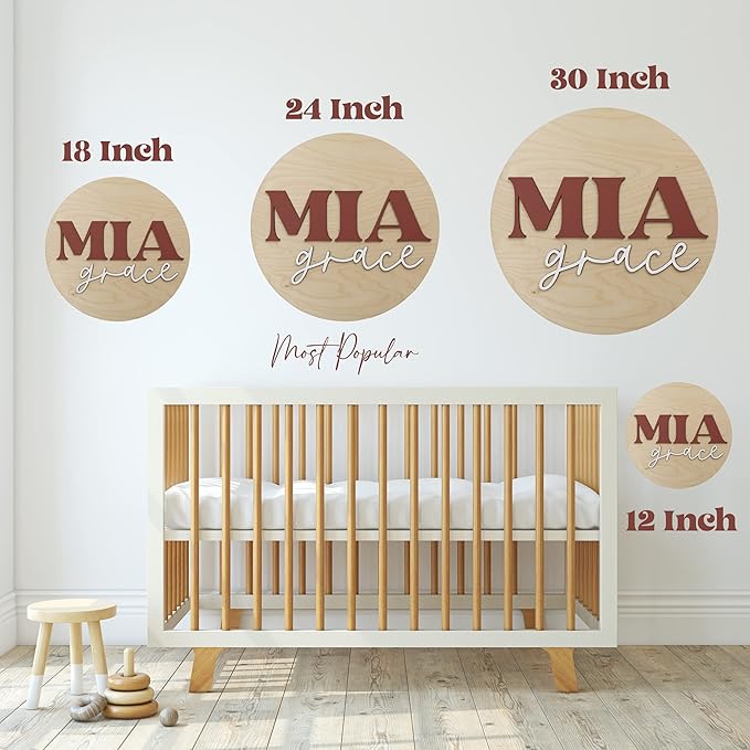 Custom Round Nursery Name Sign, Personalized Wooden Wall Plaque, 12" 18" 24", 30" 3D Wall Art for Children & Kids Rooms, Baby Shower, Hickory Hollow Designs (Oliver Michael)
