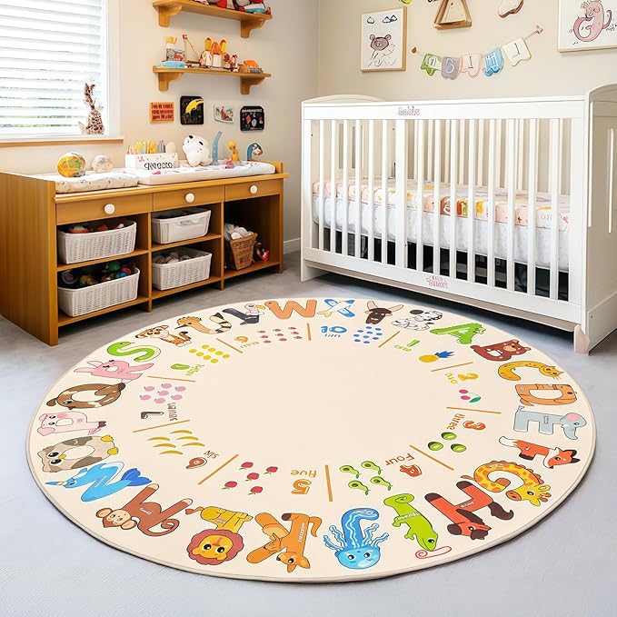 Kids Rugs for Playroom, 4'x4' Round Educational Rug for Learn The ABC Alphabet, Soft Machine Washable Non-Slip Cute Animal Carpet for Classroom Toddler Nursery Kids Room Decor Mat, Beige