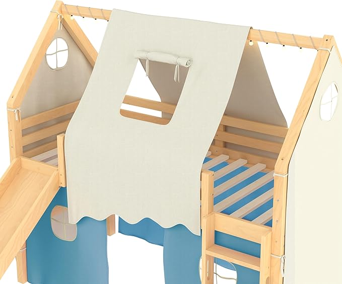Playhouse Design Twin Size Loft Bed with Slide & Tent, Solid Wood Tent Bed Frame for Kids Boys Girls, Versatile Spacious Under Bed Space, Chic Design with Lights (Natural+Blue-Twin)