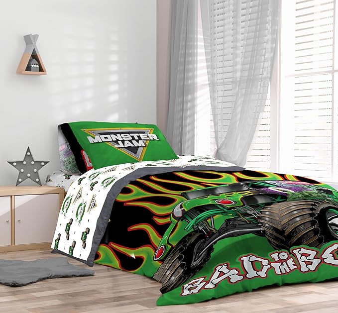 Sunny Side Up Monster Jam Twin Comforter Set - 5 Piece Kids Bedding Includes Comforter, Sheets & Pillow Cover - Super Soft Trucks Microfiber Bed Set