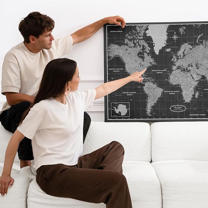 Canvas World Map with Cork Pin Board - English Lettering - Decorative Wall Decoration for All Rooms - Canvas Pictures with World Map Motif (150x100 cm, Pattern 7)