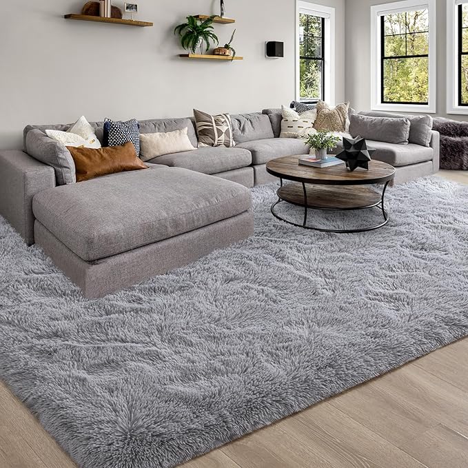 Merelax Soft Modern Indoor Large Shaggy Rug for Livingroom Bedroom Dorm Kids Room Home Decor, Non-Slip Plush Fluffy Furry Fur Area Rugs Comfy Nursery Accent Floor Carpet 9x12 Feet, Grey