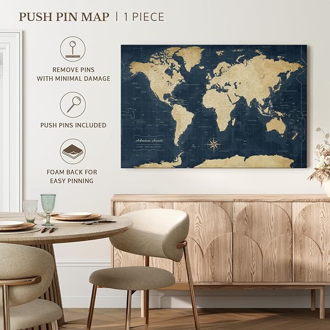 ElephantStock - Adventure Awaits World Map With Push Pins Wall Art - Horizontal Canvas Wall Art - Living Room Wall Decor - Digital Art Map Canvas Art - Gold And Blue Decor - 39" x 26"