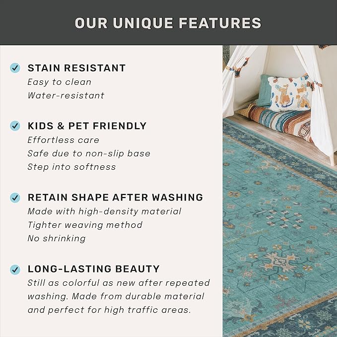 Boho 2'6"x10' Wide Hallway Runner Rugs - Teal 10ft Long Washable Indoor Floor Mats for Entryway, Non Slip with Rubber Backing, Floral Aqua Blue Unique Runner Décor