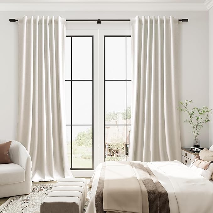 Guken Cream Natural Linen 100% Room Darkening Curtains for Bedroom 98 Inches Long 2 Panel Back Tab Hook Belt Blackout Thermal Insulated Noise Cancelling Living Room Sliding Door Beige Farmhouse 52x98
