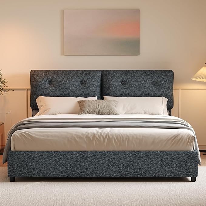 King Bed Frames,Breathable Boucle Fabric Upholstered Bed Frame with Headboard,Removable and Washable,Wood Slat Support,No Box Spring Needed,Easy Assembly, Dark Grey