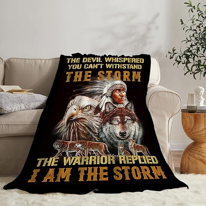 jerkboo Native American Blanket Throws Indian Blanket Wolf Eagle Throw Blanket for Men Women Kids Adults Soft Warm Cozy Fleece Blanket for Couch Sofa Bed 60""x50""