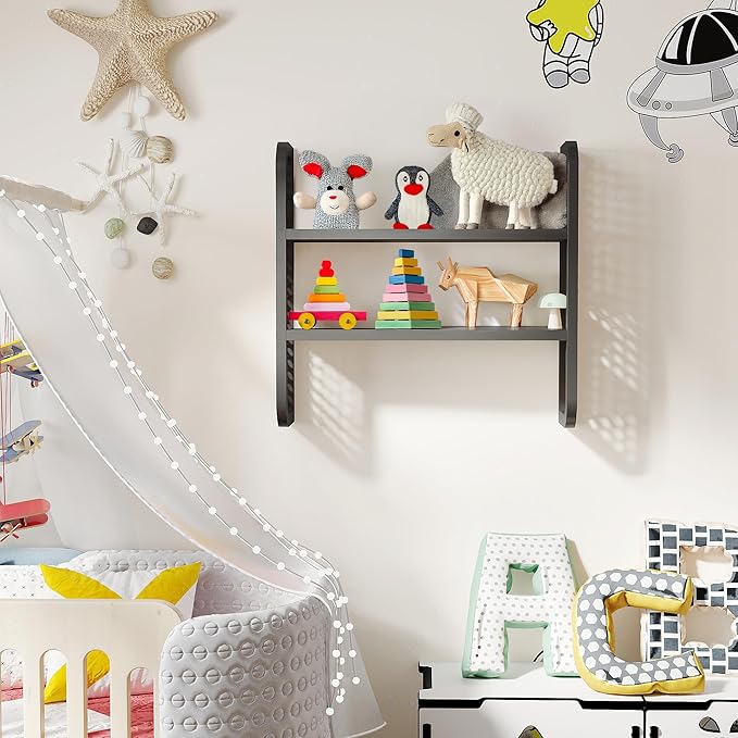 2-Tier Black Rattan Wall Shelf, Cute Hanging Book Shelves Storage, Decorative Natural Display Shelves, Boho Floating Shelf for Nursery, Bedroom, Living Room