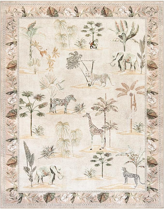 jinchan 2x3 Beige Jungle Rug for Entryway, Washable Throw Rug Animals Print Kitchen Mat, Indoor Doormat Ultra-Thin Low-Pile Non-Slip Soft Botanical Carpet for Bedroom Bathroom Entrance (2'x3', Beige)