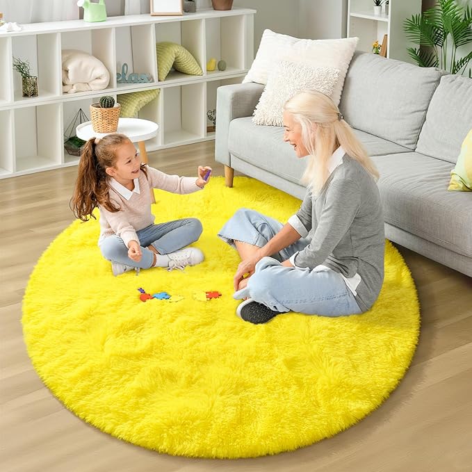 EVOIONOS Yellow Round Rug for Living Room, 6x6 Ft Fluffy Soft Circle Area Rugs for Bedroom, Plush Shaggy Circular Carpet for Indoor Floor Bedside Kids Nursery, Machine-Washable Home Decor Aesthetic