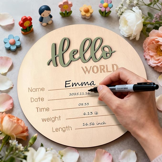 Baby Announcement Sign with Pen, 5.9 Inch Wooden Hello World Newborn Sign for Hospital, 3D Birth Announcement Board, Welcome Baby Name Signs for Nursery, Newborn Gift for Boy & Girl,Green