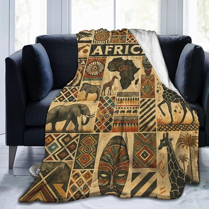 African Tribal Map Ethnic Pattern Blanket Vintage African Safari Animals Throw Blanket Soft Cozy Fleece Fuzzy Plush Warm Stuff Bedding Blankets Gifts for Boys Girls Kids Adult Men Women 50"X60"