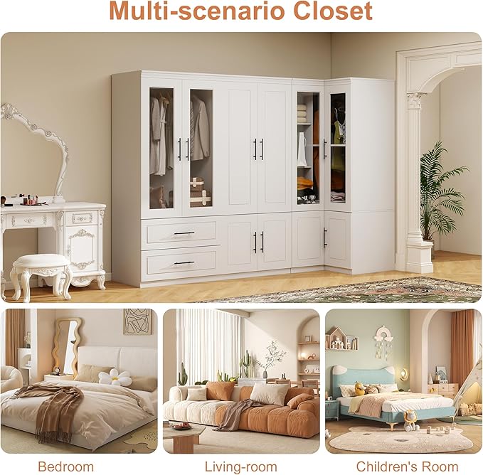 White Armoire Wardrobe Closet with 4 Drawer: Glass Door Wood Wardrobe Closet Wooden Combination Corner Cabinet Bedroom Armoire with Hanging Rods for Home/Bedroom/Living Room
