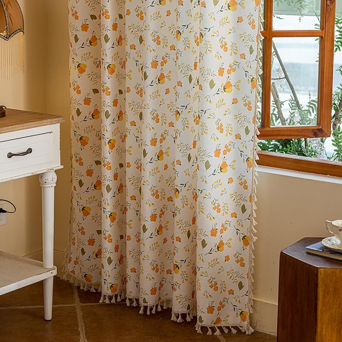 OYX Yellow Boho Pattern Floral Curtains 63 Inch Length 2 Panels for Living Room, Bedroom Light Filtering Drapes, Vintage Country French Tassels Patterned Rod Pocket Aesthetic Decor Window Treatments