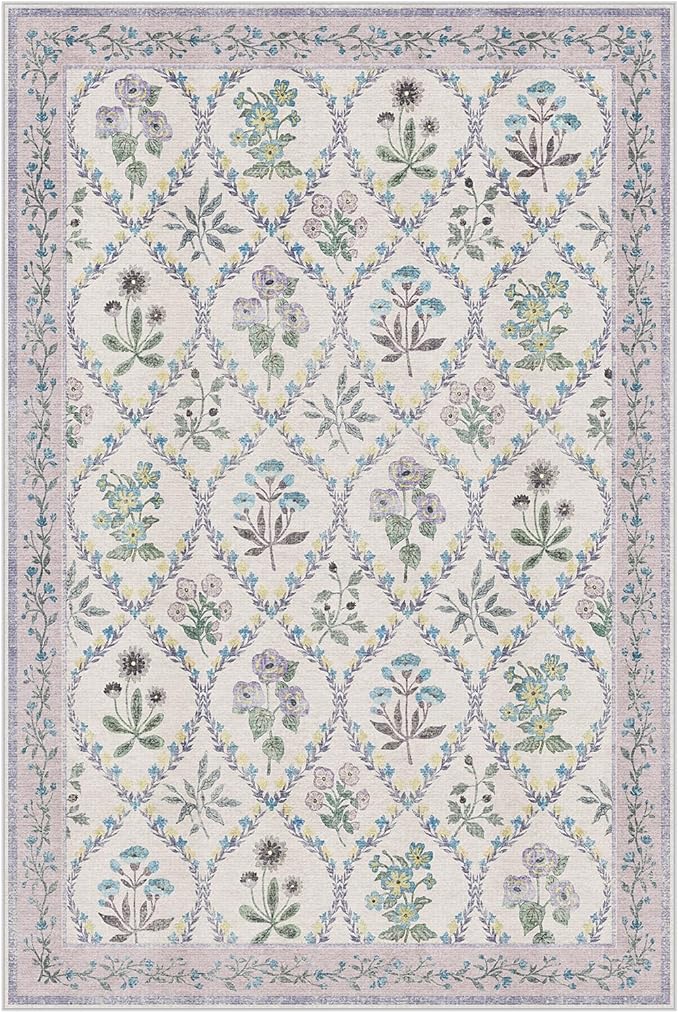 Purple Rugs for Bedroom, Machine Washable Area Rug 6x9 for Floral Nursery Decor, Large Non-Slip Cute Carpet for Baby Kids Bedroom Under Bed, Lounge, Dorm, Living Room Decor, Purple Grey