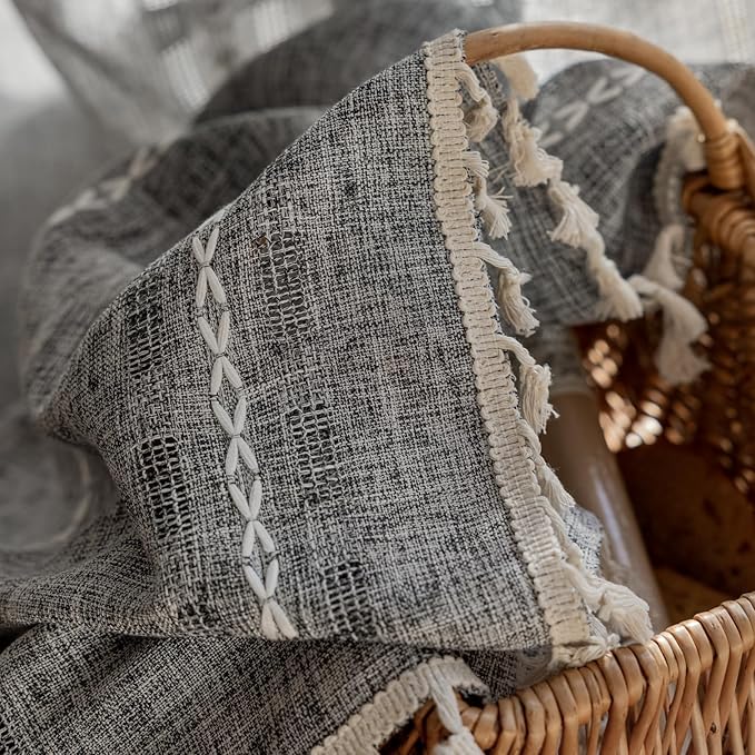Deeprove Dark Grey Boho Curtain 63 inches Length for Living Room Bedroom Nursery, Chic Bohemian 63 inches Long Abstract Stripe Embroidery Privacy Window Fringe Decor W52 x L63, Single 1 Panel