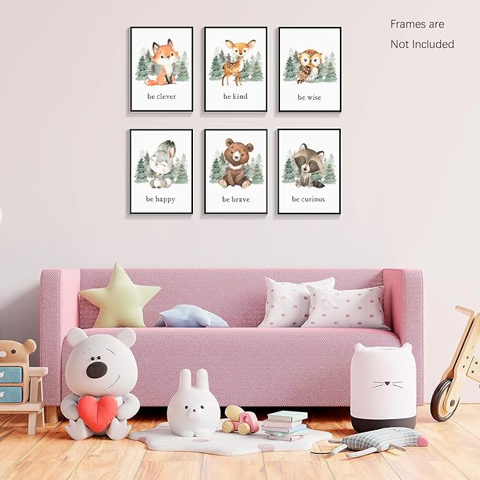 Wodkwq Nursery Wall Art Woodland Animal Canvas Prints Baby Girl Boy Room Decor Cute Poster Pictures Forest Theme Toddler Room Decoration Painting Set of 6 for Kids Bedroom Bathroom 8x10in Unframed