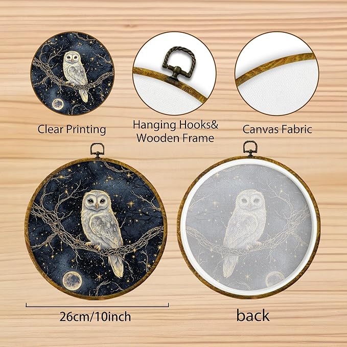 Hiuwevt Gothic Moonlight Owl Round Wall Art Decor, Enchanted Forest Owl Framed Canvas Prints, Dark Academia Star Sky Animal Round Wall Hanging Decor for Office Home Decorations, 10x10 Inches