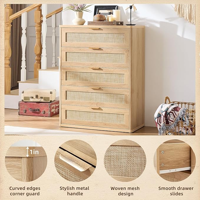 LEYAOYAO Rattan Dresser for Bedroom, 41" Tall Chest of Drawers, Modern 5 Drawers Boho Dressers with Storage, Light Oak Dresser Wooden Closet Organizer for Living Room, Hallway, Natural Wood