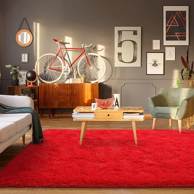 BENRON Fluffy Rugs for Living Room 5x8 Red, Washable Large Area Rugs for Bedroom Dining Table Office Kids Nursery Room, Washable Indoor Floor Carpets