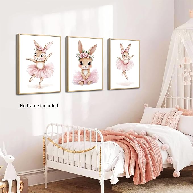 Kusag Baby Girl Nursery Posters Wall Decor, Easter Nursery Canvas Wall Art Paintings Set of 3, Cute Animal Pink Bunny Prints Pictures for Boys and Girls Room, Bedroom, Home Decor 16x24 In Unframed