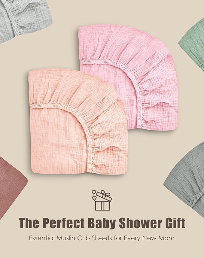 SWEET DOLPHIN 2-Pack Muslin Crib Sheets for Boys & Girls, Ultra Soft Breathable 40S Long-Staple Cotton Fitted Baby Sheets for Standard Crib Mattress 52"x28", Light Sakura- Nursery Essentials