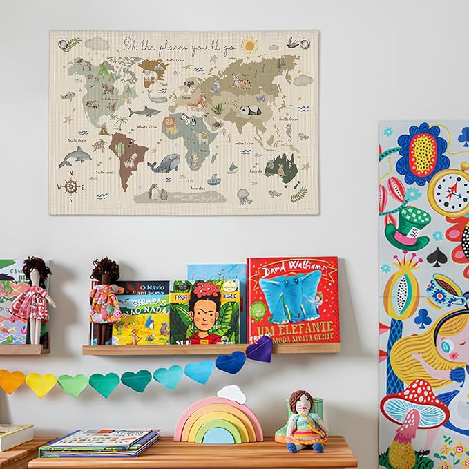 Wheatwin Playroom Decor, World Map Banner for Kids, World Maps for Wall, World Map Cute Animal Tapestry Wall Hanging Banner Flag Decor for Kids Room Classroom Nursery Homeschool 20x30 (Updated)