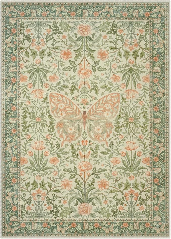 Collive 8x10 Butterfly Rugs for Living Room, Vintage Insect Girls Bedroom Area Rug Washable, Boho Floral Non Slip Large Floor Carpet for Dining Room Kids Room, Grass Green