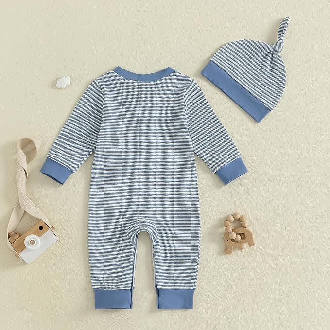 Infant Boys Fall Clothes Newborn Baby Romper Hat Stripe Knit Long Sleeve Bodysuit Jumpsuit Baby Going Home Outfit