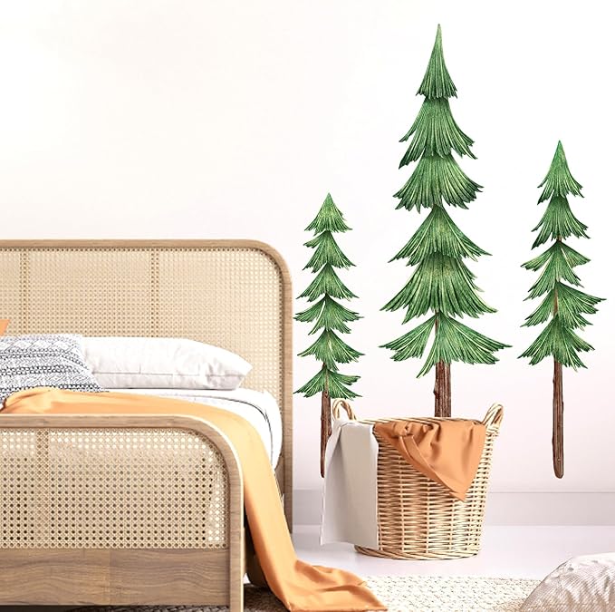 Large Pine Tree Wall Decals Peel and Stick Watercolor Extra Large Tree Wall Decal Forest Nature Green Tree Wall Stickers Giant Pine Tree Wall Decals for Nursery Kids Room Decor