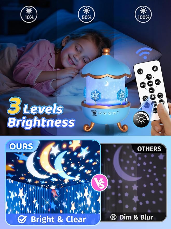 Snow Night Light for Kids, 15 White Noise+16 Films+336 Colors Star Projector for Kids, 360°+Remote+Cordless Baby Night Light Projector, Princess Toys for Girls Room Decor Light Up Christmas Decor