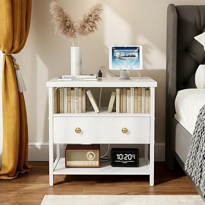 27 Inch Wide Night Stand with Charging Station, Wood Nightstand with Open Shelf, Large Drawer Bedside Table for Living Room/Bedroom/Office (White)
