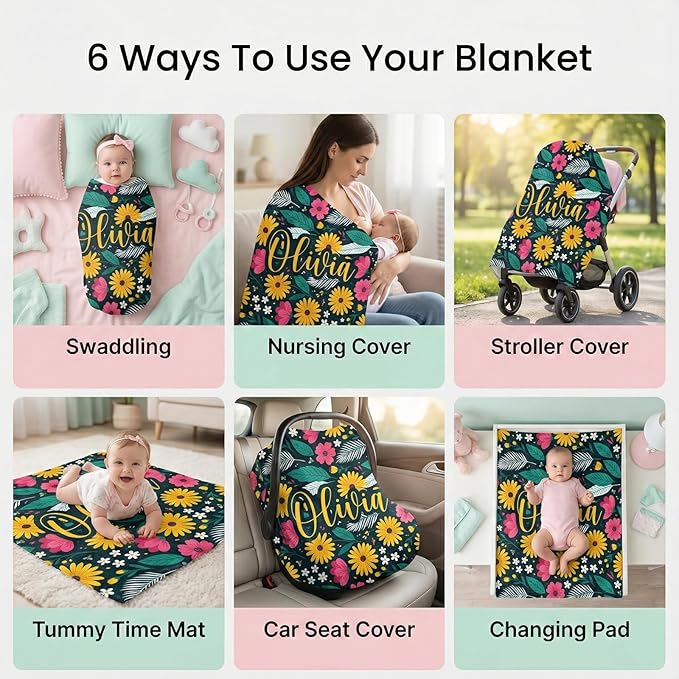 Personalized Baby Blanket with Name - Printed in USA, Custom Baby Blanket for Newborn Kids Gifts for Baby Shower, Birthday & Christmas, Soft for Infant